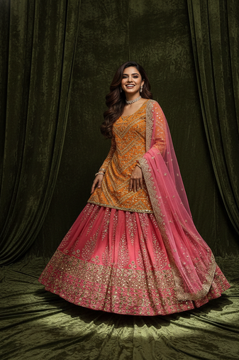 Orange & Pink Embroidered Lehenga Choli Set with Dupatta for Weddings and Festive Wear