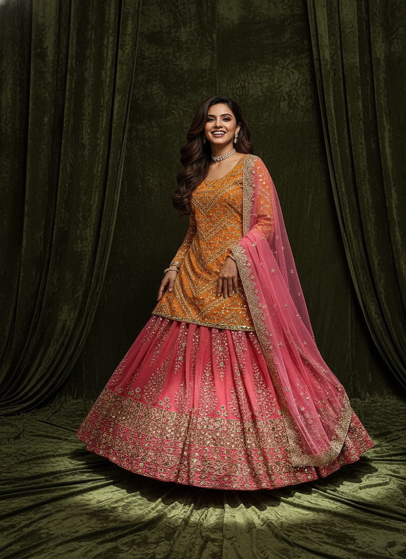 Orange & Pink Embroidered Lehenga Choli Set with Dupatta for Weddings and Festive Wear