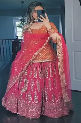 Orange & Pink Embroidered Lehenga Choli Set with Dupatta for Weddings and Festive Wear