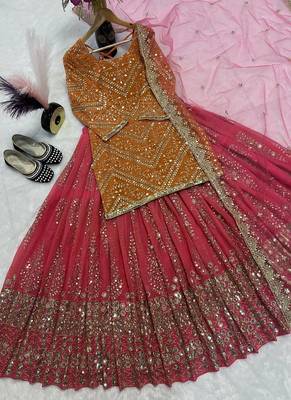 Orange & Pink Embroidered Lehenga Choli Set with Dupatta for Weddings and Festive Wear 3