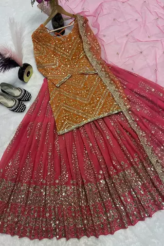 Orange & Pink Embroidered Lehenga Choli Set with Dupatta for Weddings and Festive Wear
