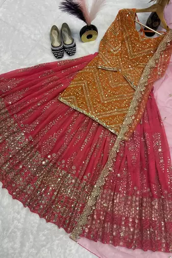 Orange & Pink Embroidered Lehenga Choli Set with Dupatta for Weddings and Festive Wear