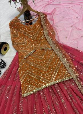 Orange & Pink Embroidered Lehenga Choli Set with Dupatta for Weddings and Festive Wear 5