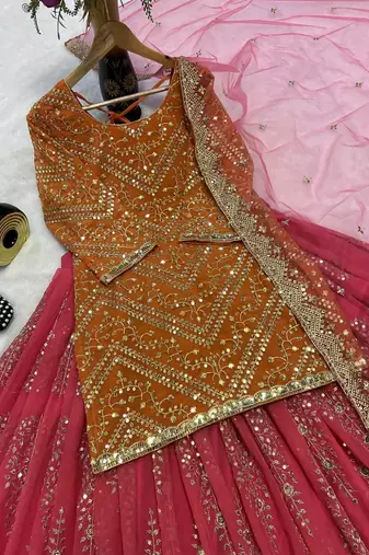 Orange & Pink Embroidered Lehenga Choli Set with Dupatta for Weddings and Festive Wear