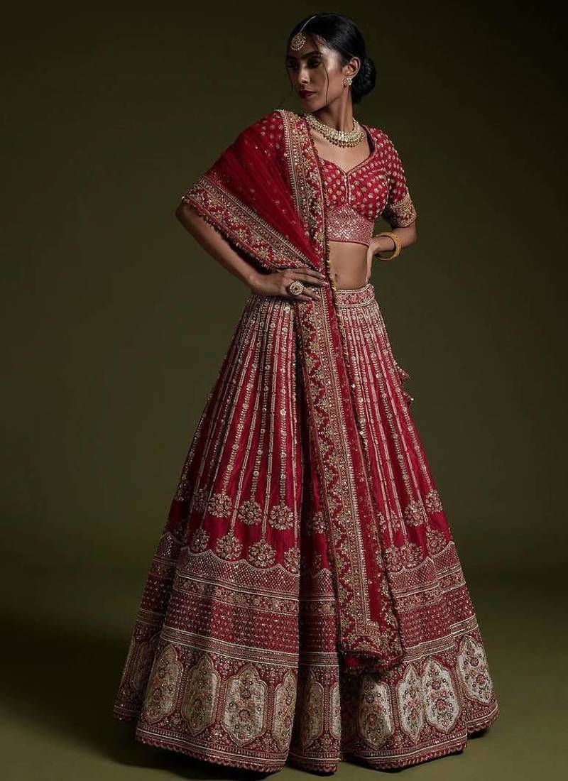 Red Sequins Work Silk Lehenga Set Choli With Dupatta With Dupatta