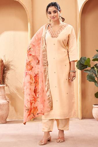 Peach viscose chanderi stylish sttiched suit