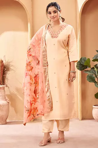Peach viscose chanderi stylish sttiched suit