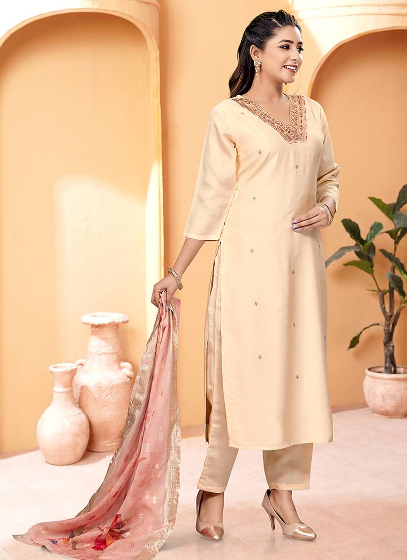 Peach viscose chanderi stylish sttiched suit