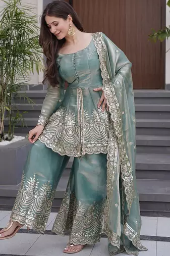 Sea Green Embroidered Sharara Suit with Dupatta – Festive & Party Wear Ethnic Outfit for Women