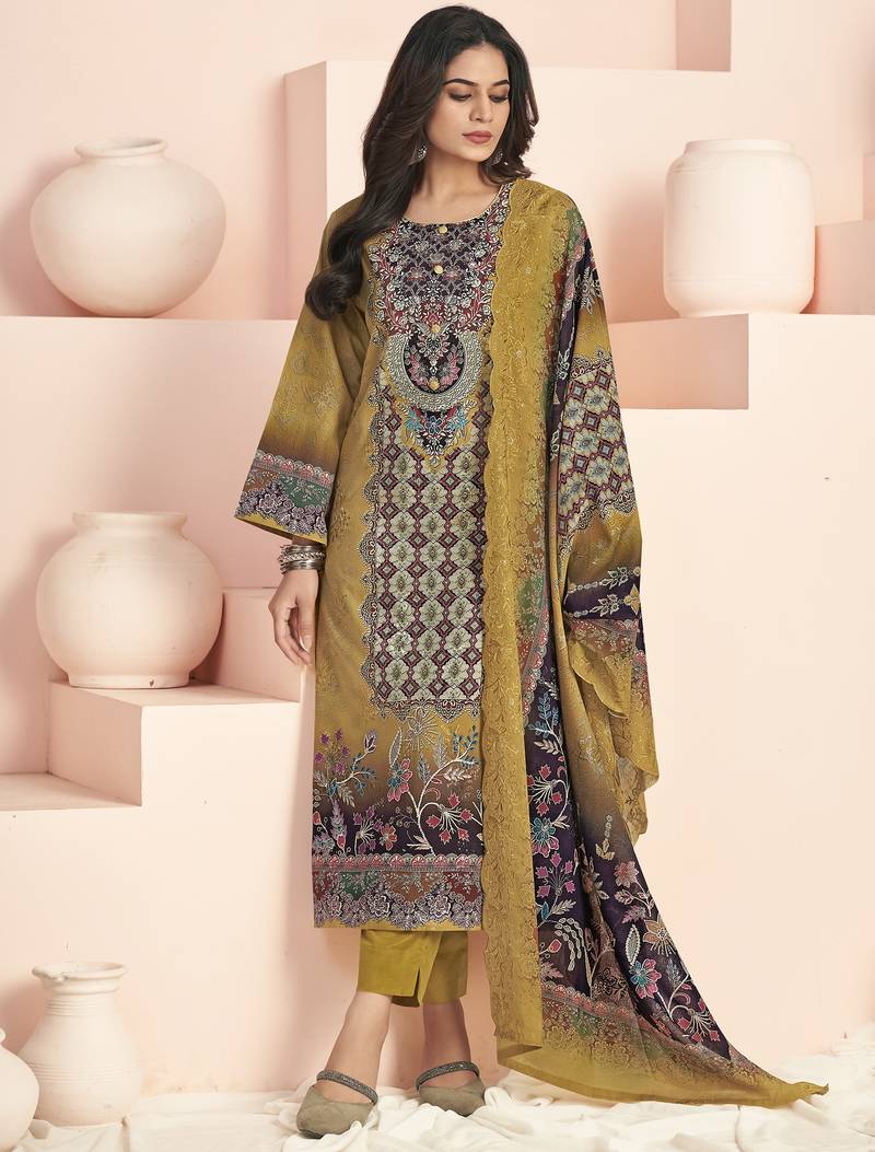 Stylee lifestyle mustard yellow lawn cotton digital printed dress material