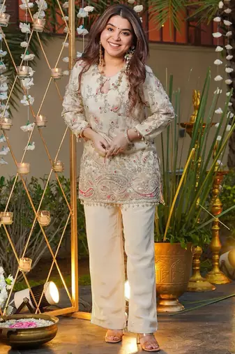 Women's silk traditional motiff designer kurta pant set