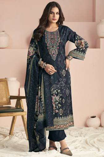 Stylee lifestyle navy blue lawn cotton digital printed dress material