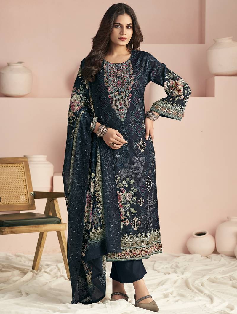 Stylee lifestyle navy blue lawn cotton digital printed dress material
