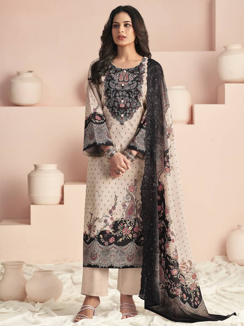 Stylee lifestyle beige lawn cotton digital printed dress material