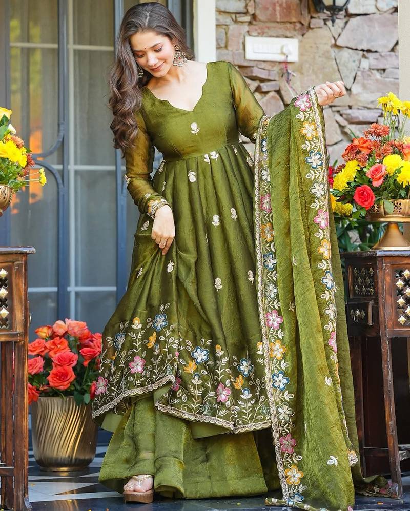 Women's organza floral embroidered anarkali kurta palazzo with dupatta set