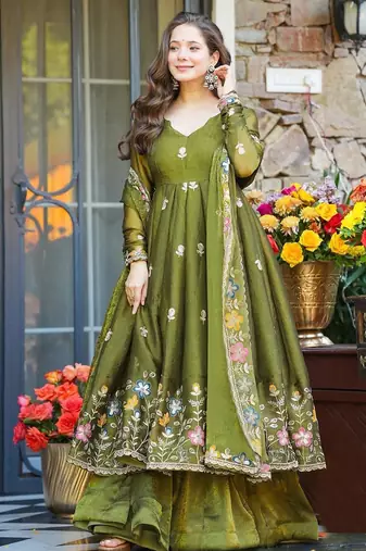 Women's organza floral embroidered anarkali kurta palazzo with dupatta set
