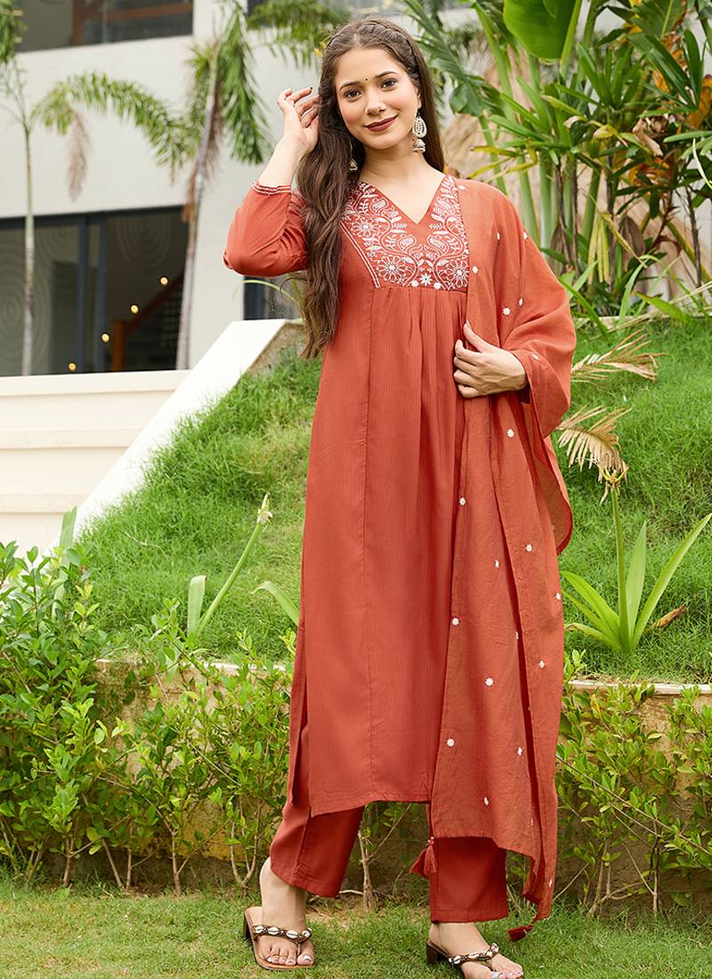 Rust color viscose embroidered sttiched suit