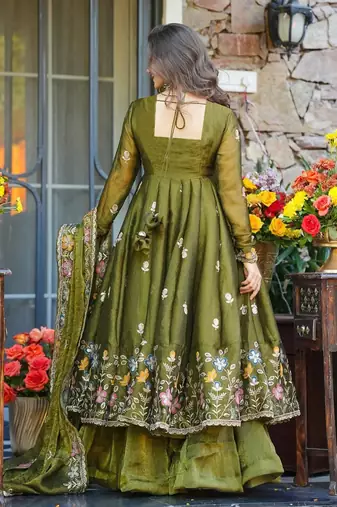 Women's organza floral embroidered anarkali kurta palazzo with dupatta set