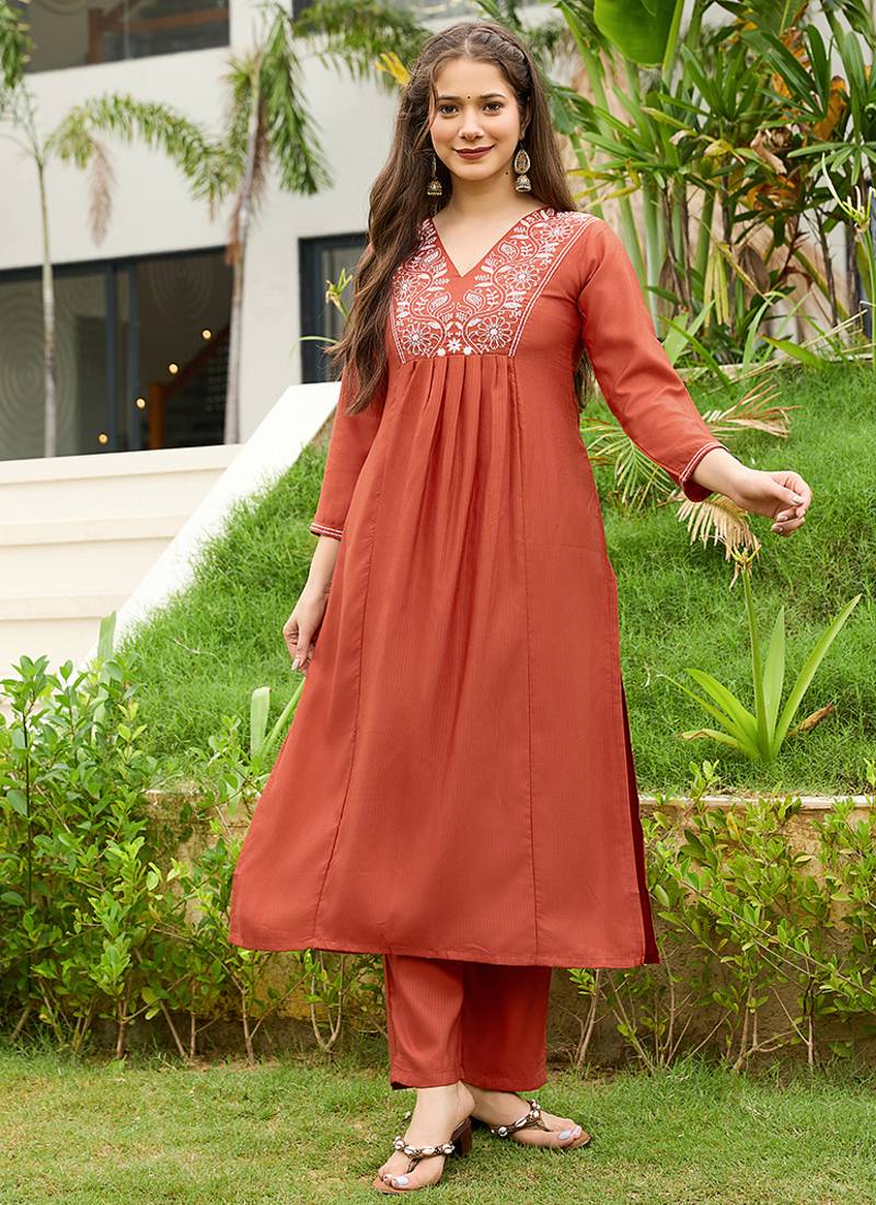 Rust color viscose embroidered sttiched suit