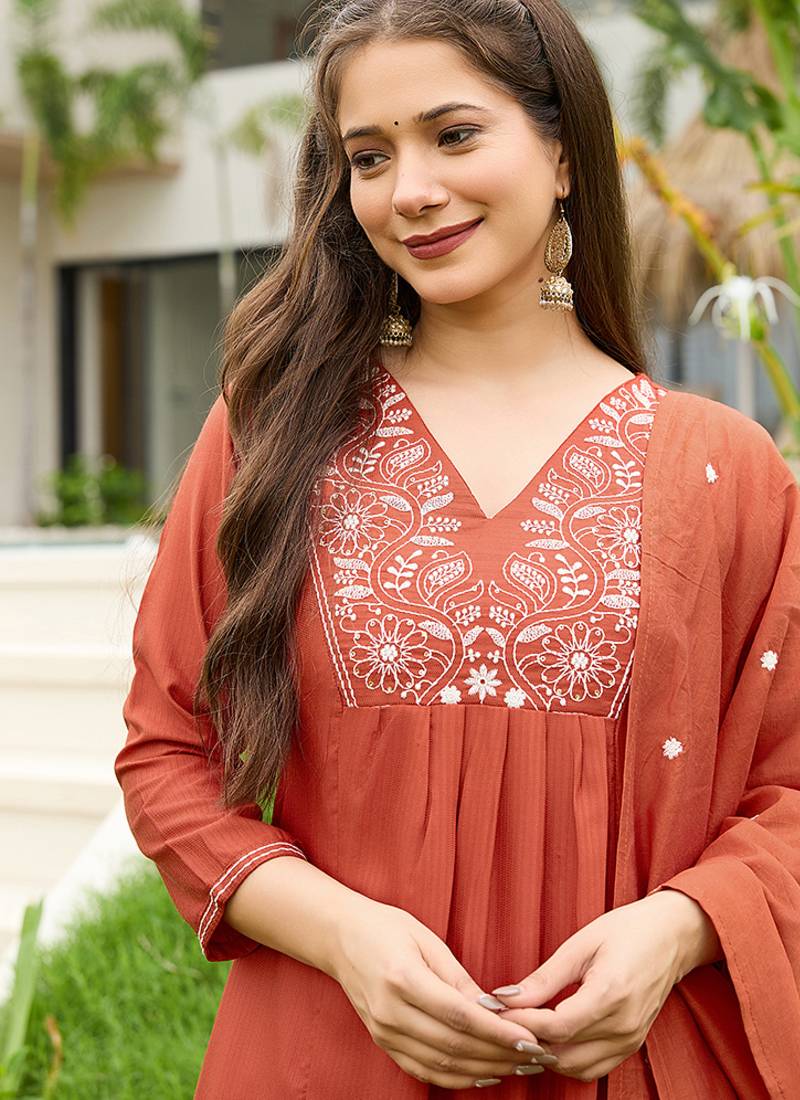 Rust color viscose embroidered sttiched suit