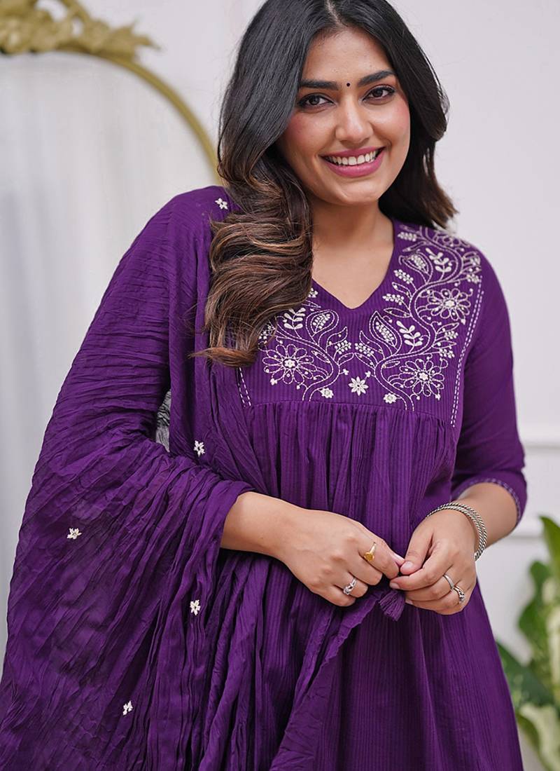 Purple color viscose embroidered sttiched suit