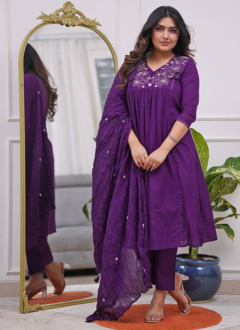 Purple color viscose embroidered sttiched suit