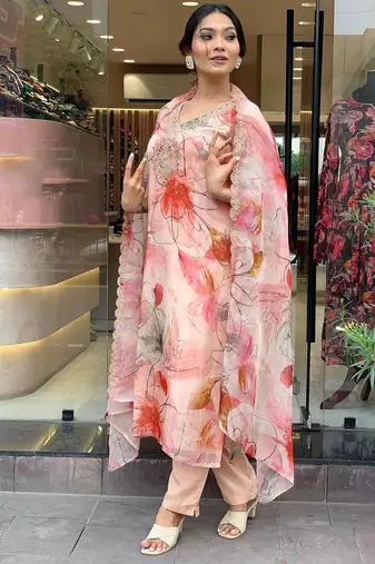 Light pink color organza digital print readymade style suit