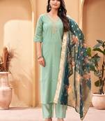 Sea green viscose chanderi thread work suit