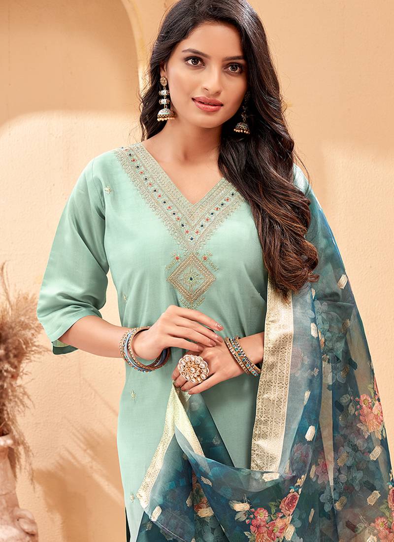 Sea green viscose chanderi thread work suit