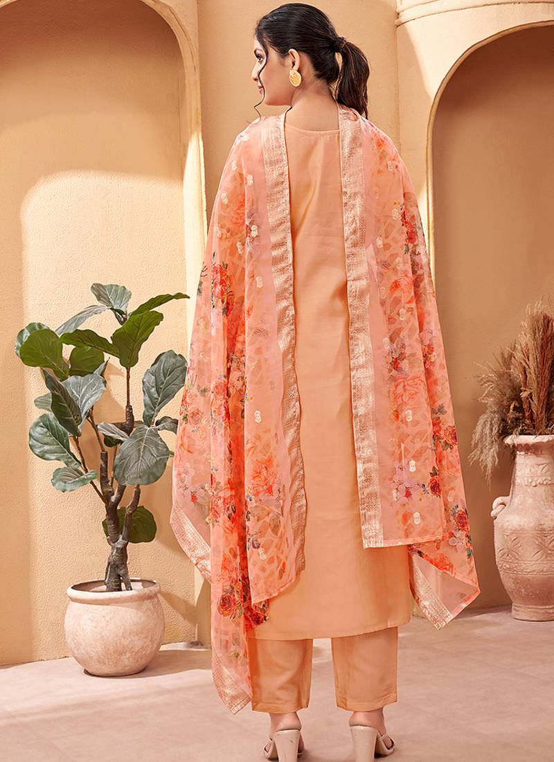 Peach viscose chanderi thread work kurta set