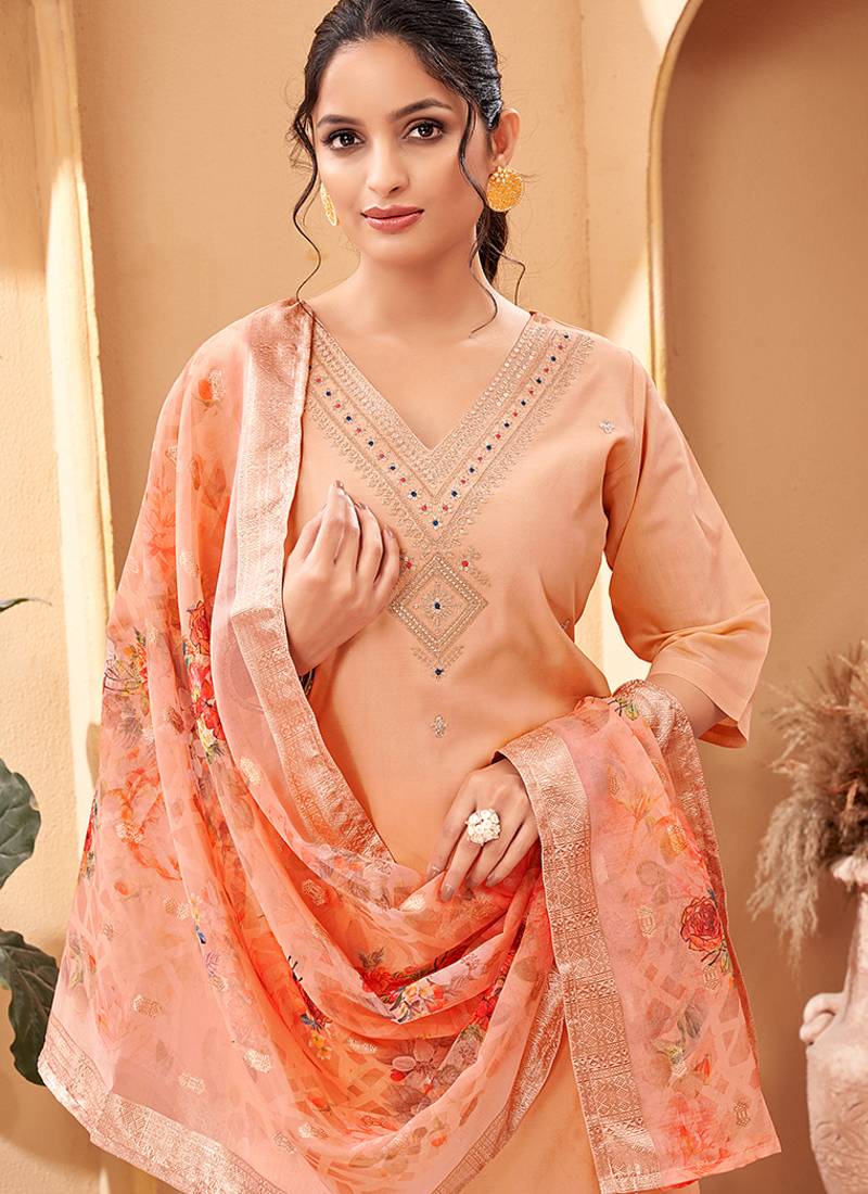 Peach viscose chanderi thread work kurta set