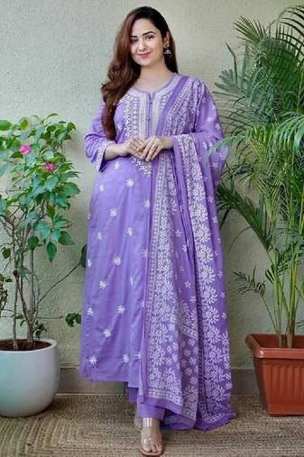 Lavender color cotton printed a line style kurta set
