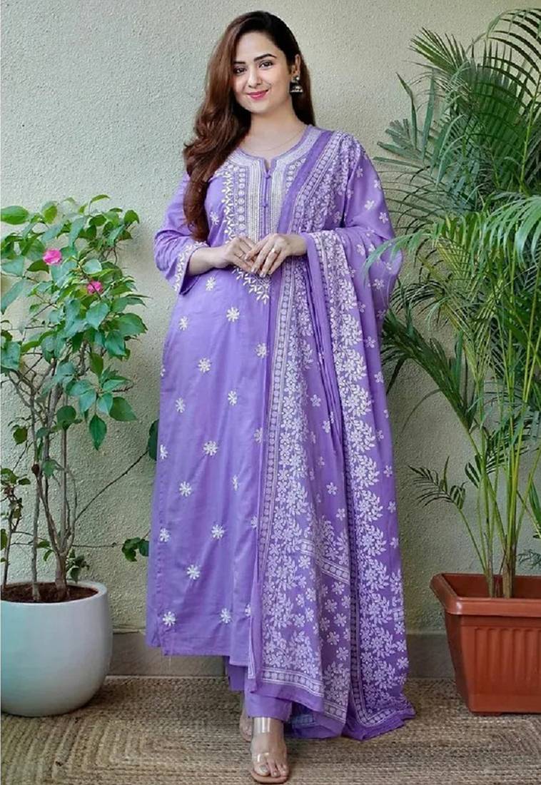 Lavender color cotton printed a line style kurta set