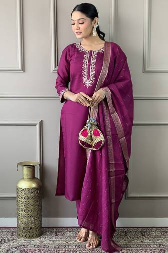 Viscose chanderi wine color straight sttiched suit