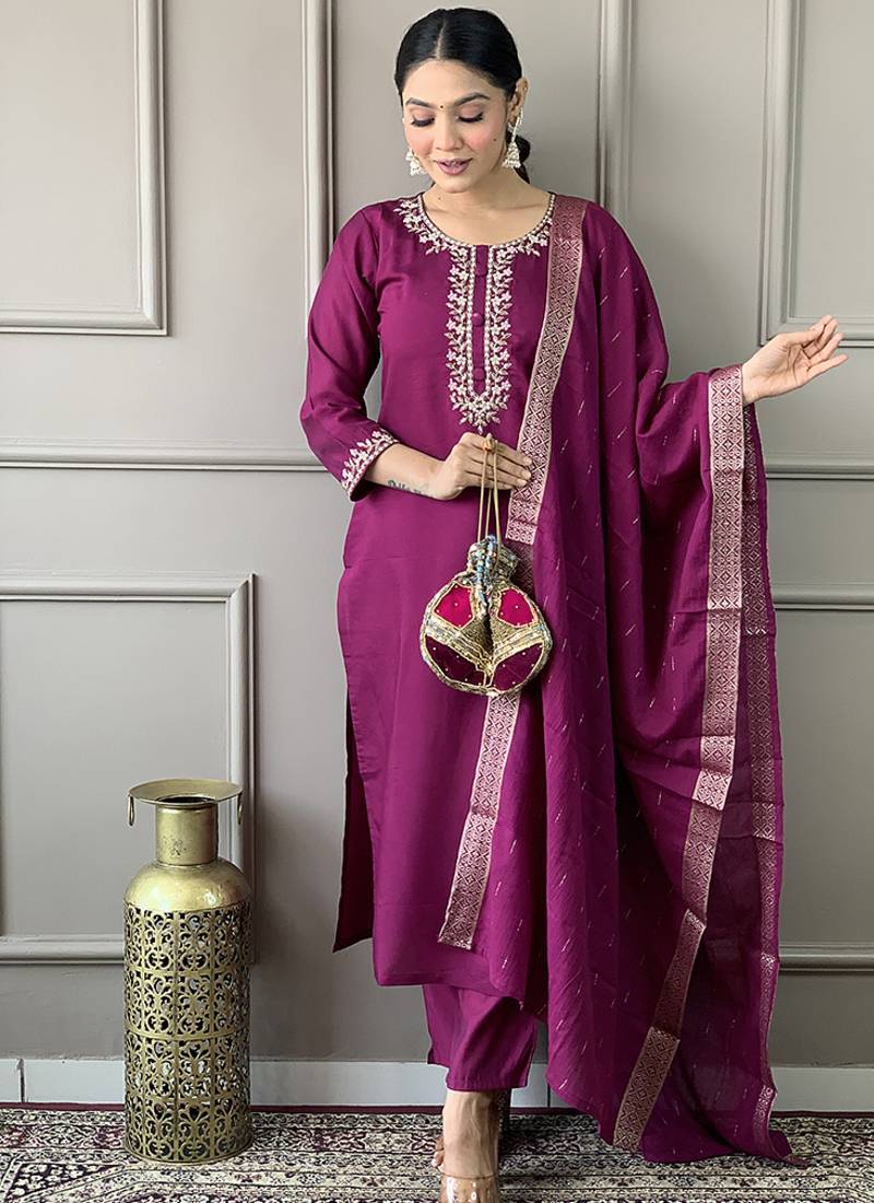 Viscose chanderi wine color straight sttiched suit