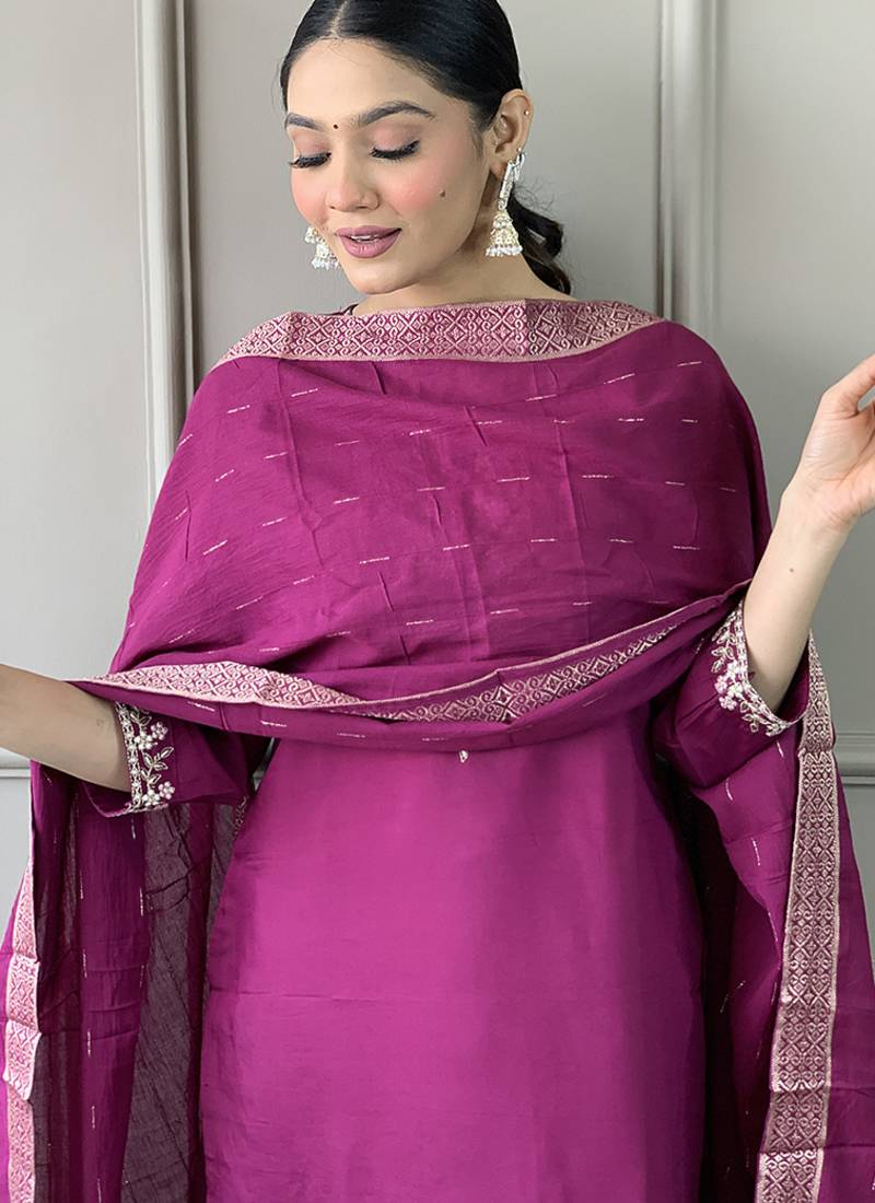 Viscose chanderi wine color straight sttiched suit