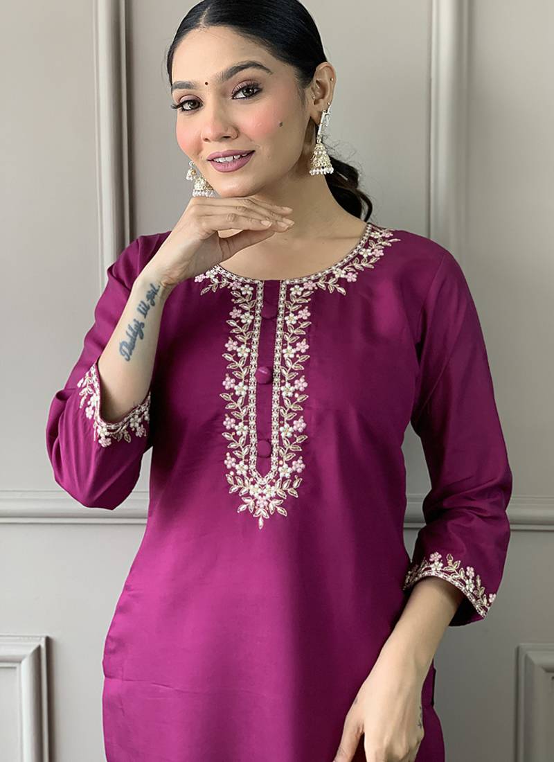 Viscose chanderi wine color straight sttiched suit