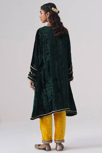 Green embroidered velvet kurta set