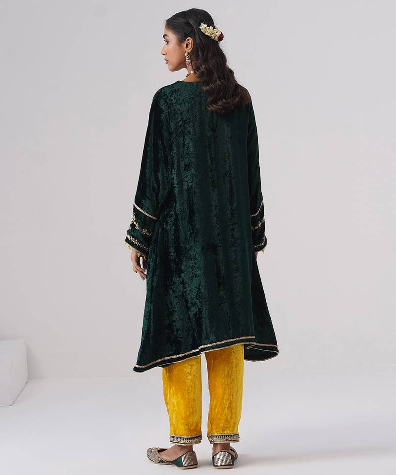 Green embroidered velvet kurta set