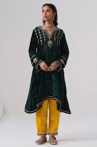 Green embroidered velvet kurta set