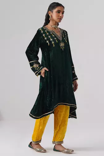 Green embroidered velvet kurta set
