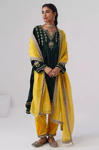 Green embroidered velvet kurta set