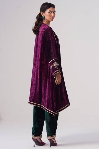 Purple embroidered velvet kurta set