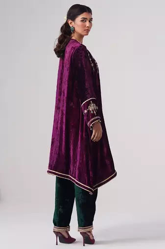 Purple embroidered velvet kurta set