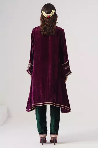 Purple embroidered velvet kurta set