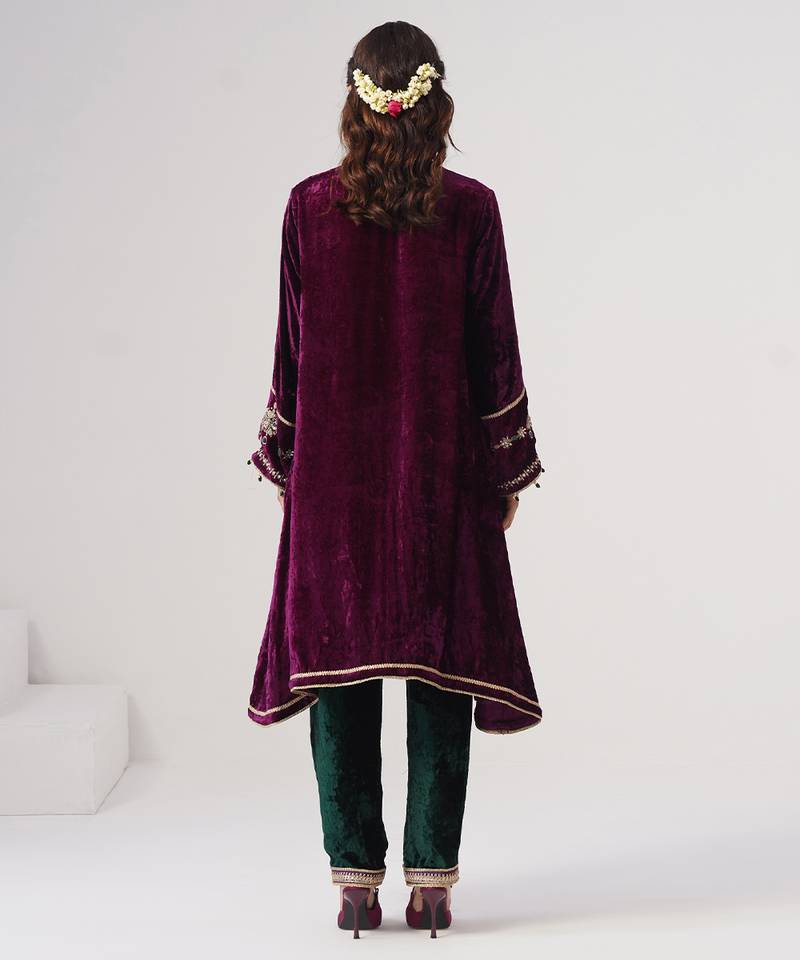 Purple embroidered velvet kurta set
