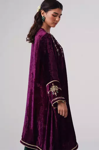 Purple embroidered velvet kurta set