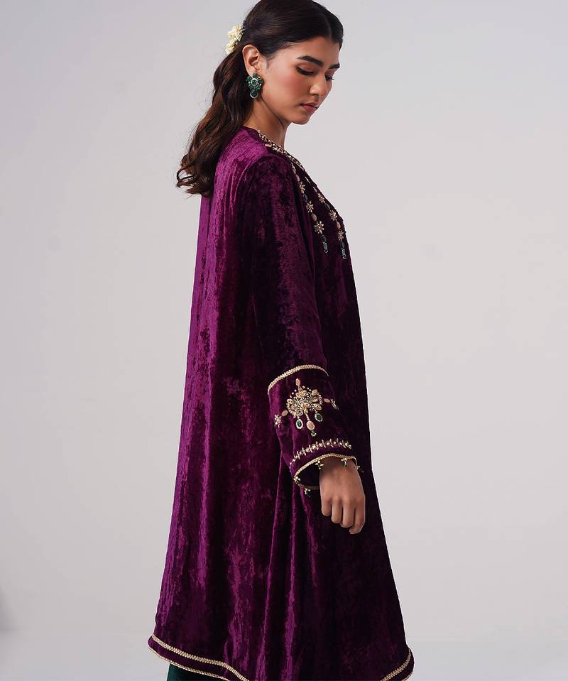 Purple embroidered velvet kurta set