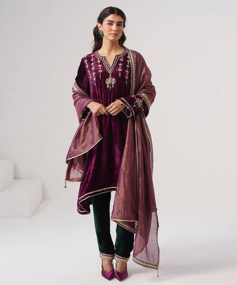 Purple embroidered velvet kurta set
