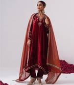Red embroidered velvet kurta set